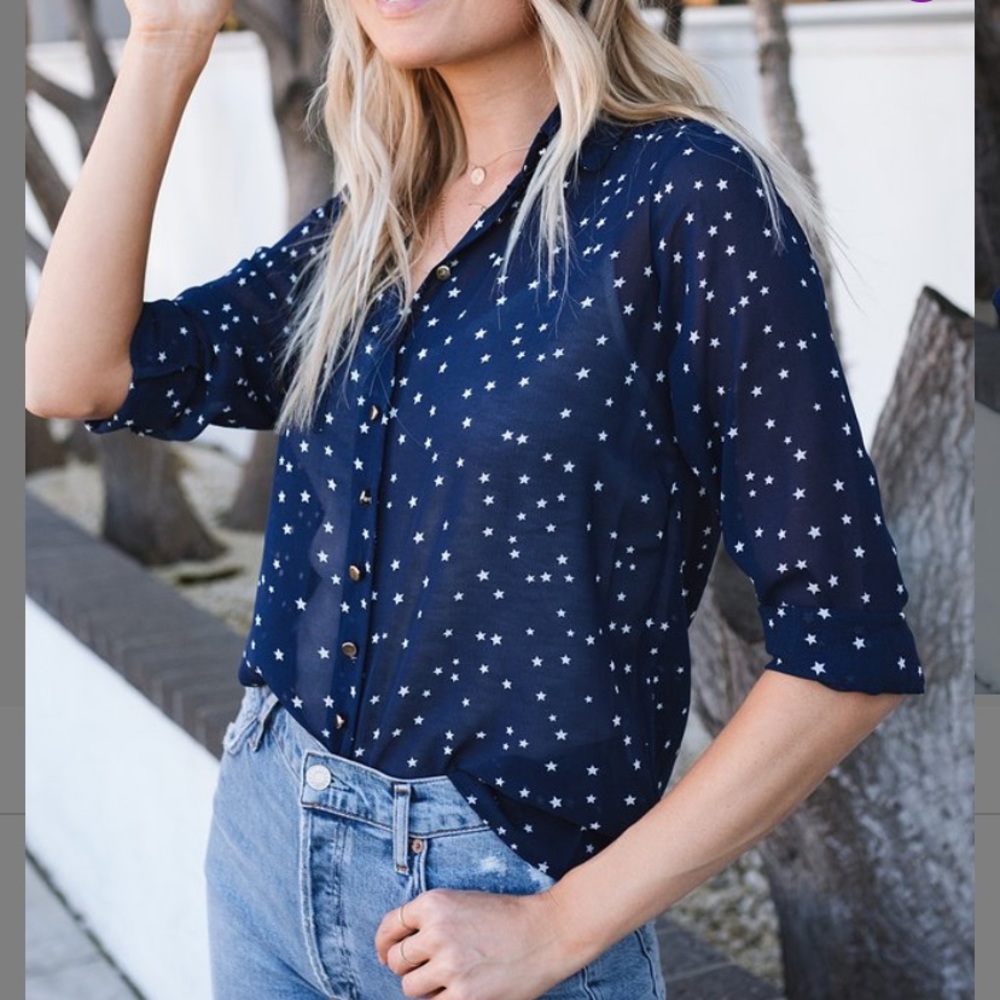 Navy Star Semi-Sheer LS Button-Up Blouse
